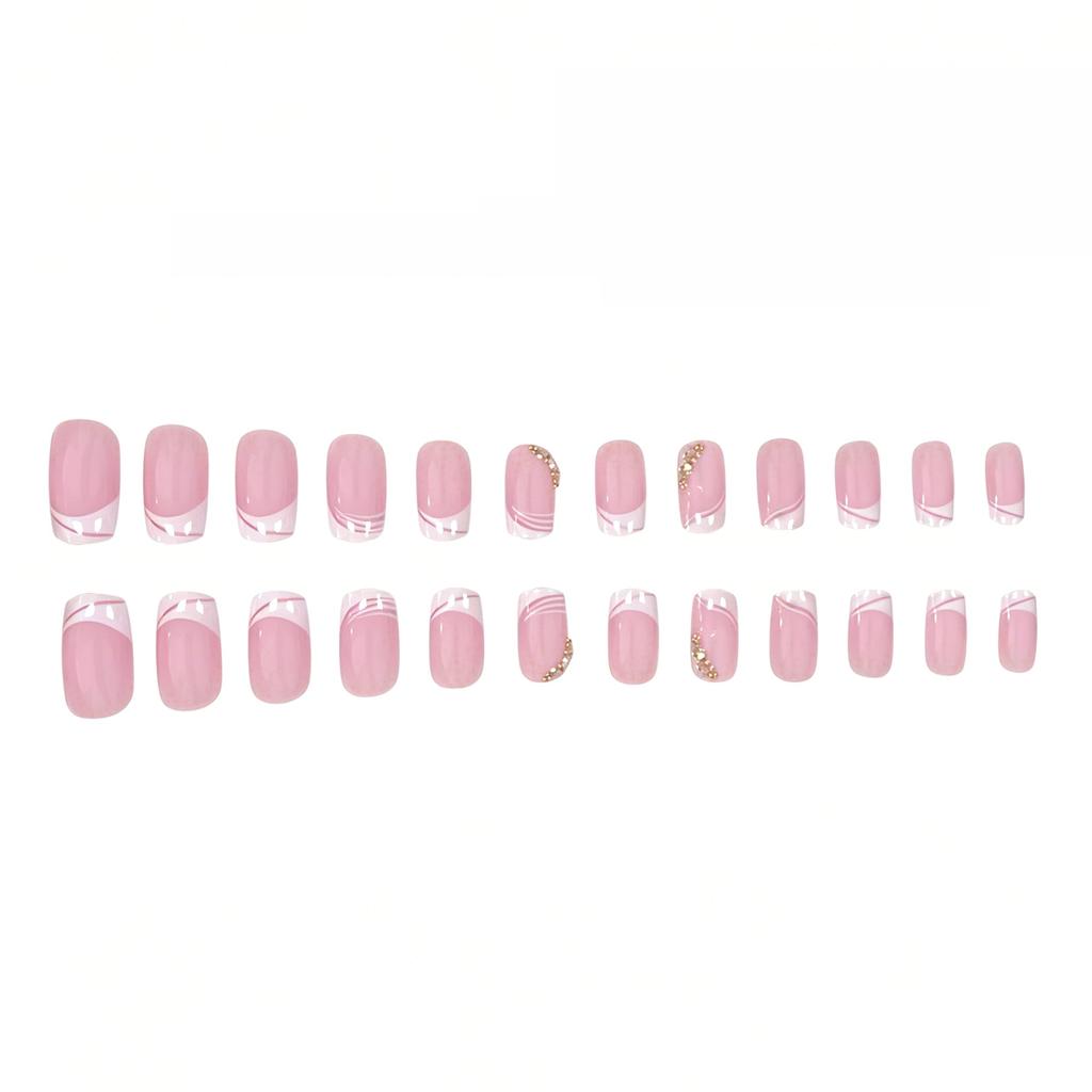 24 Nail Art French Minimalist Lines Diamond Gentle Temperament Medium and Long Square Wearing Nail Wholesale