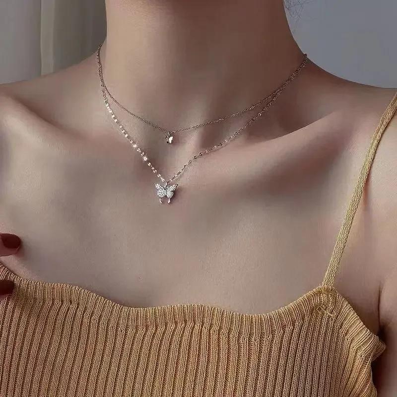 New Elegant Silver color Shiny Butterfly Necklaces Ladies Exquisite Double Layer Clavicle Chain Necklace Jewelry Gift