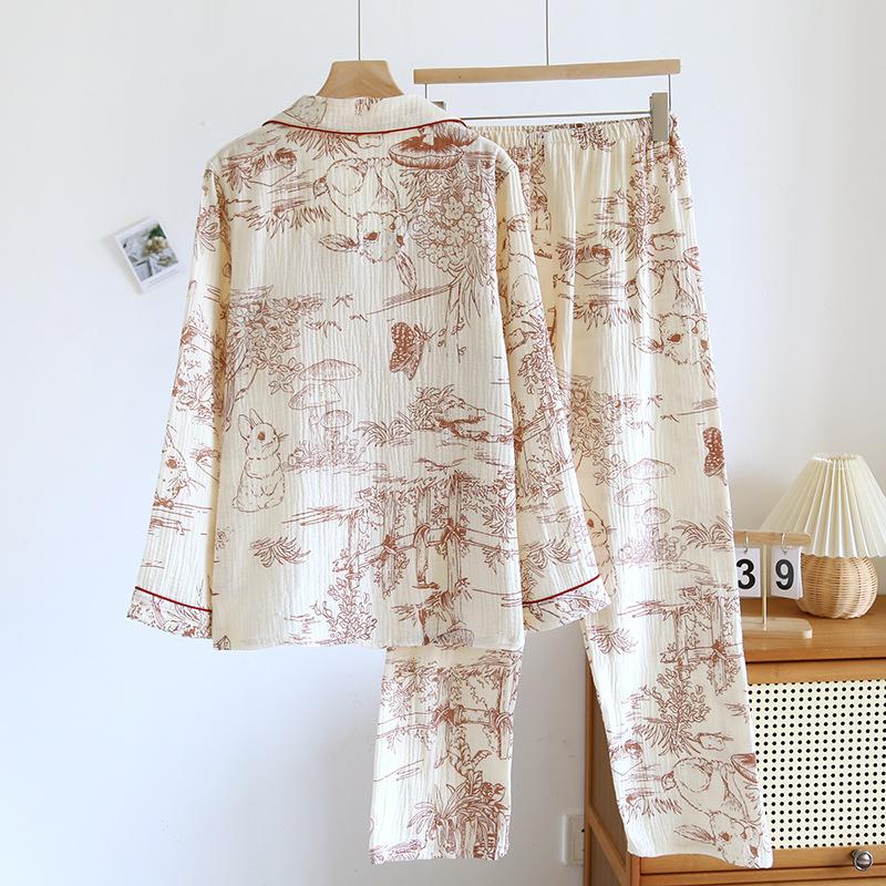 2025 Весна и Осень Женский Новый Пижамный Комплект 100% Хлопок Креп Длинные Рукава Брюки Милый Домашний Комплект Из Двух Частей Пижамы Дамы