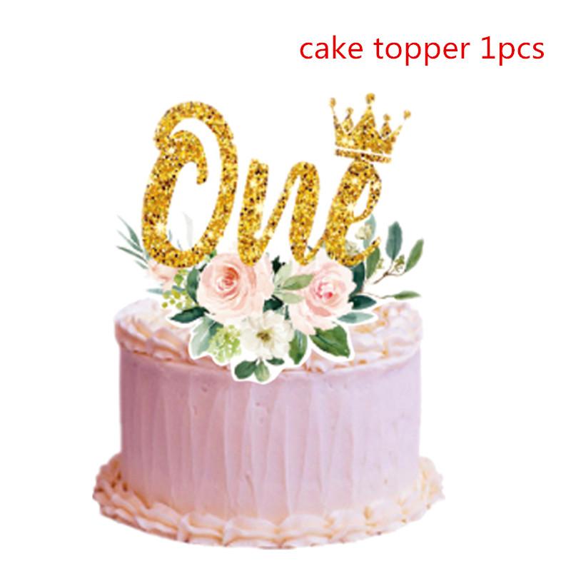 One First Happy Birthday Party Decorations Pink Flower Crown Disposable Tableware Baby Shower 1 Year Old Birthday Party Supplies