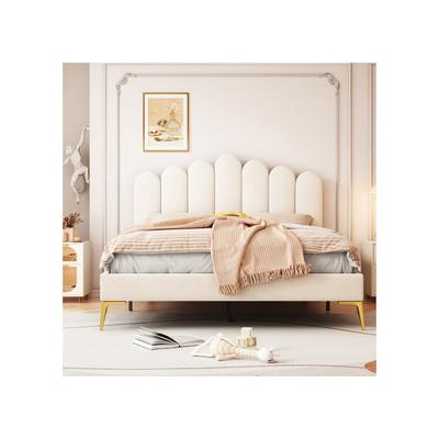 Двуспальная кровать - - 140 x 200 см - Бежевый велюр - Регулируемое изголовье - Нагрузка 250 кг