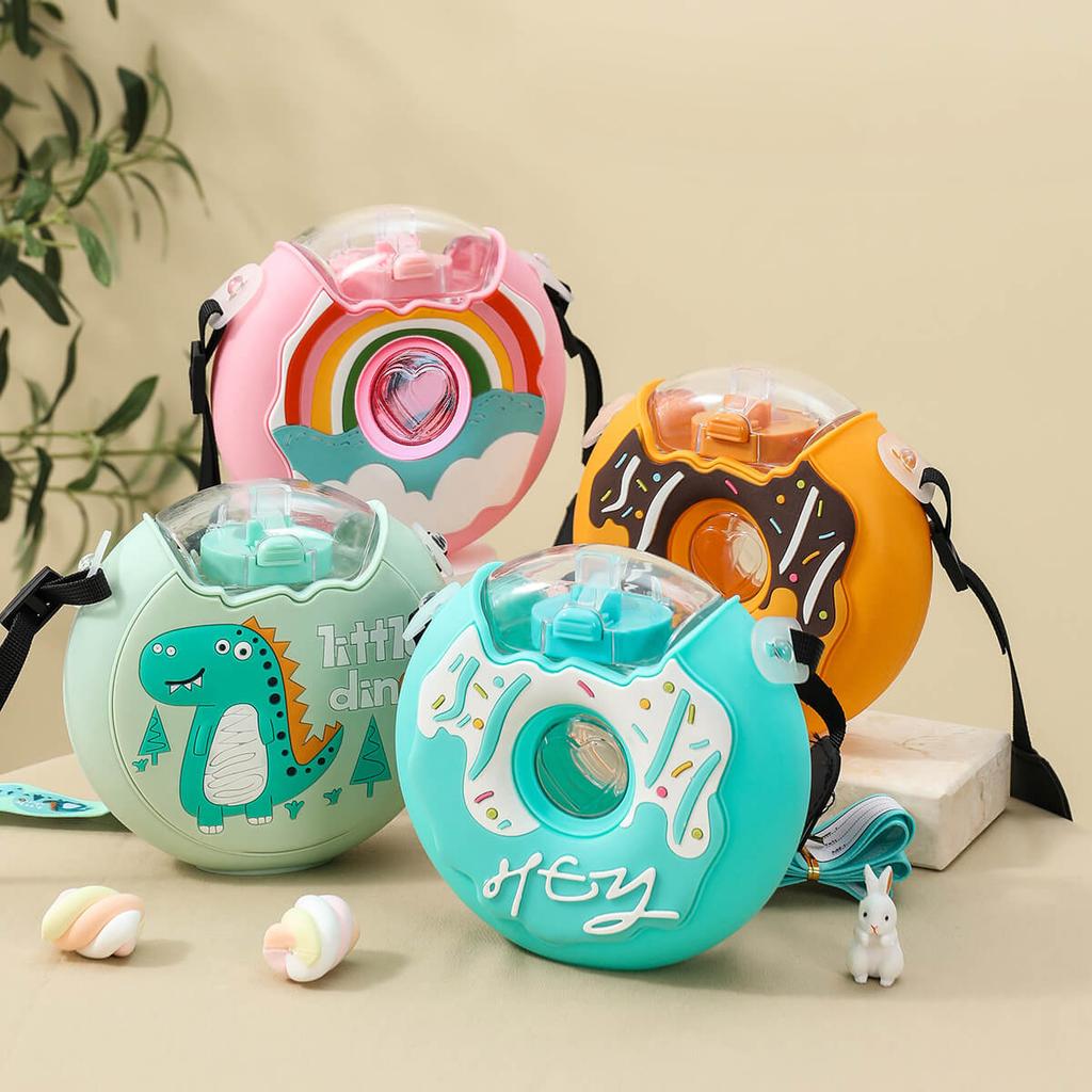 Бутылка для воды в форме пончика на 13 унций, герметичная, без BPA, для улицы, пластиковые, симпатичные, с регулируемым плечевым ремнем и трубочкой