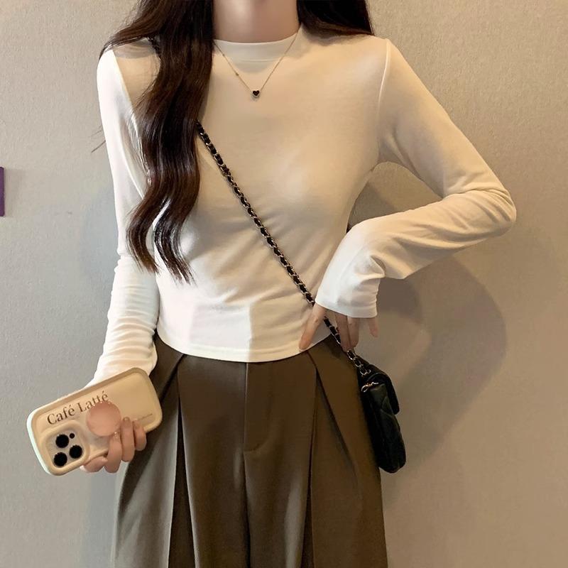 Абрикосовый круглый вырез, тонкий, с правым плечом, с длинным рукавом, однотонная эластичная футболка для женщин с высокой талией, укороченный внутренний топ, осень