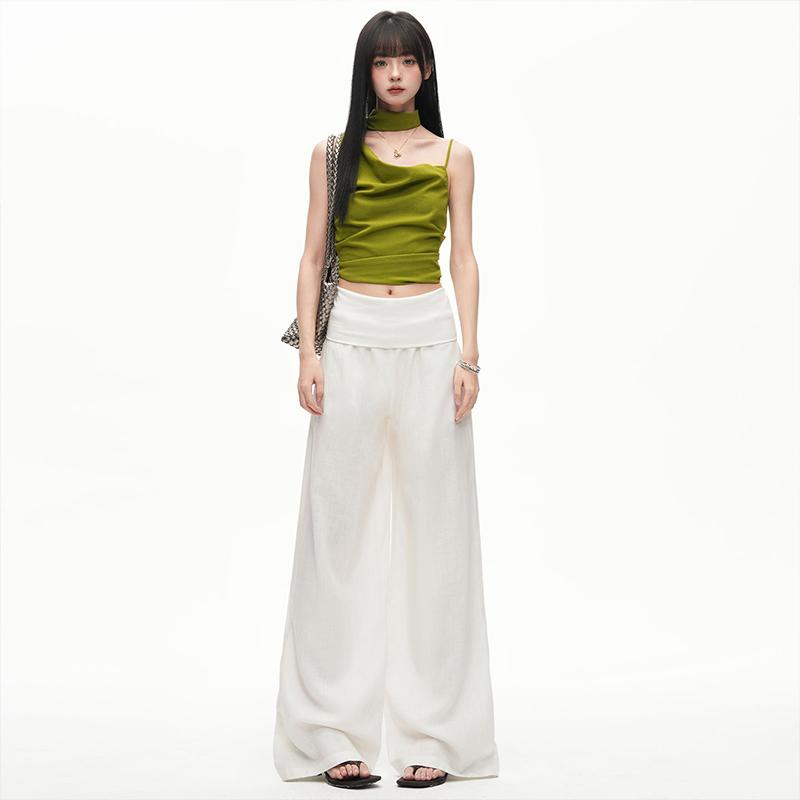 Linen Tencel Wide Waist Head Foldable Relaxation Wide Leg Casual Pants for Women