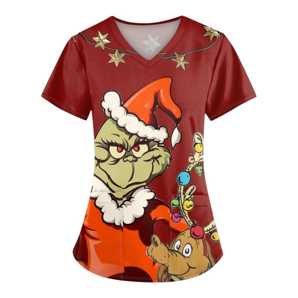 Women's Fashion Printed Short Sleeve V Neck Pattern Tops Pocket Working T-shirts