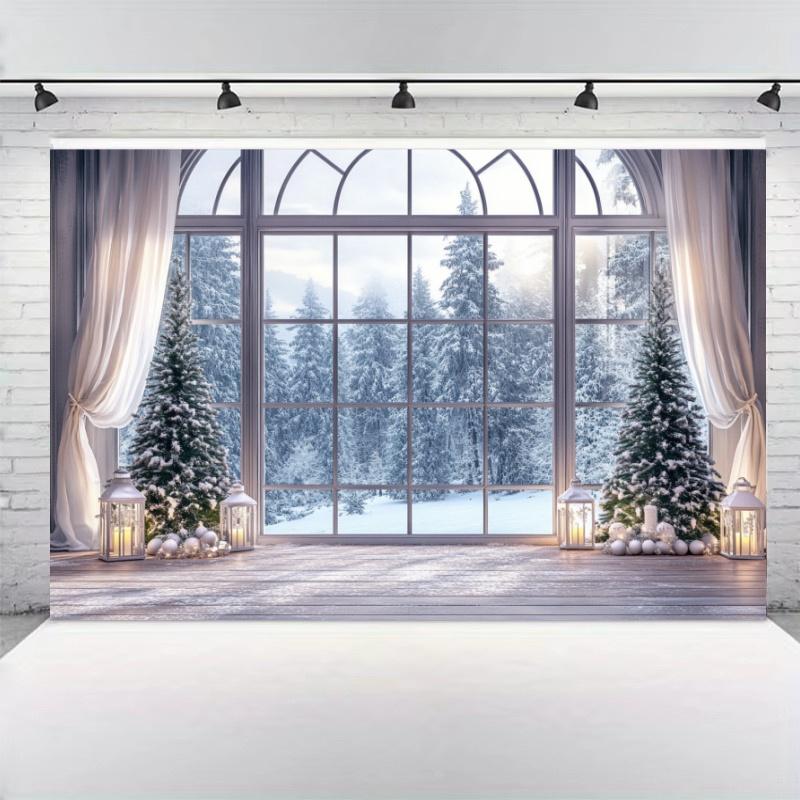 Christmas Winter Decoration Background Snow Window Forest Christmas Tree Photography Background 70.8*43.3 InchesPhoto Studio