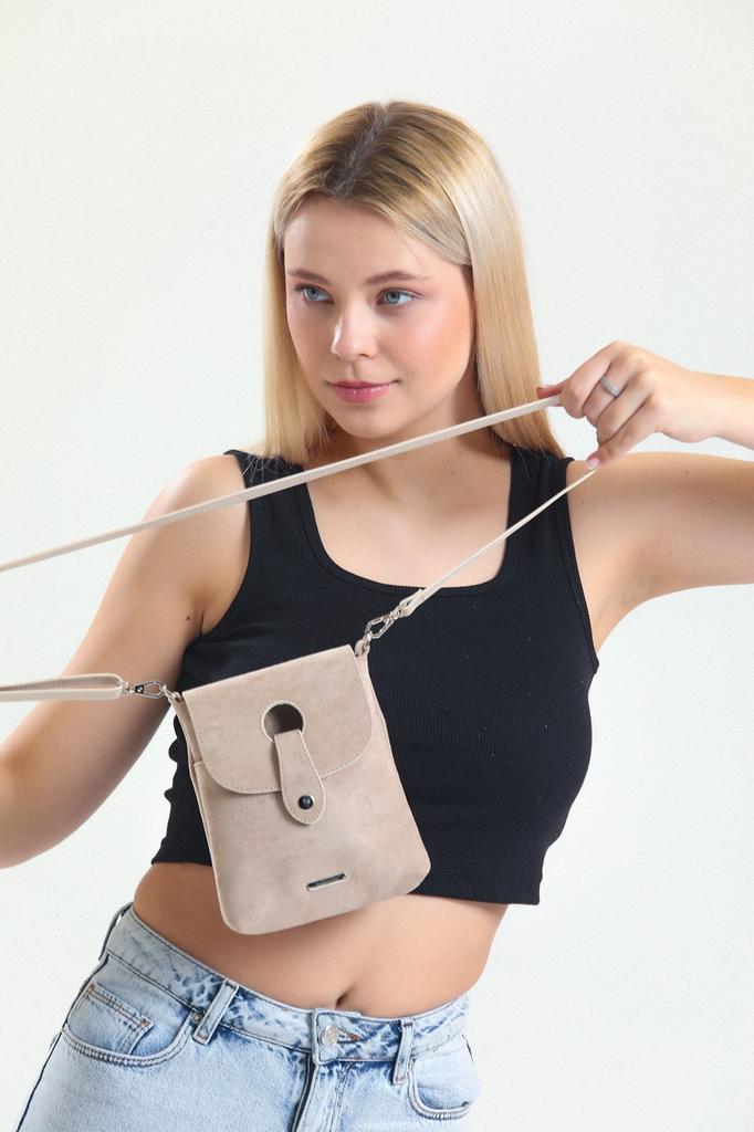 Женская стильная и полезная сумка на плечо Бежевая замшевая сумка для телефона с перекрестным ремешком