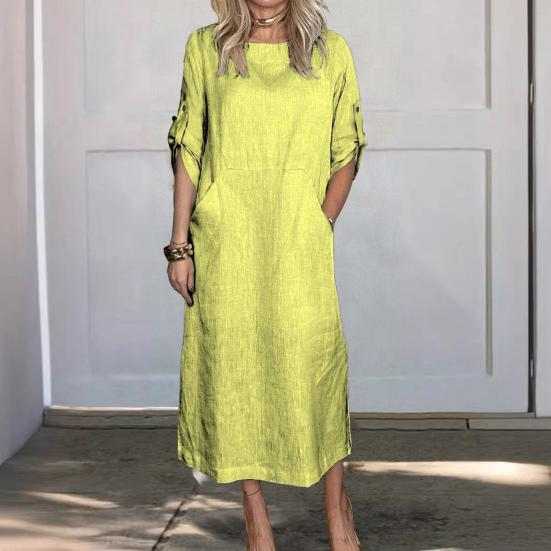 Fall Spring Women Dress Short Sleeve with Cufflink Round Neck Solid Color Loose Big Pocket Commute Daily Wear Midi Dress
