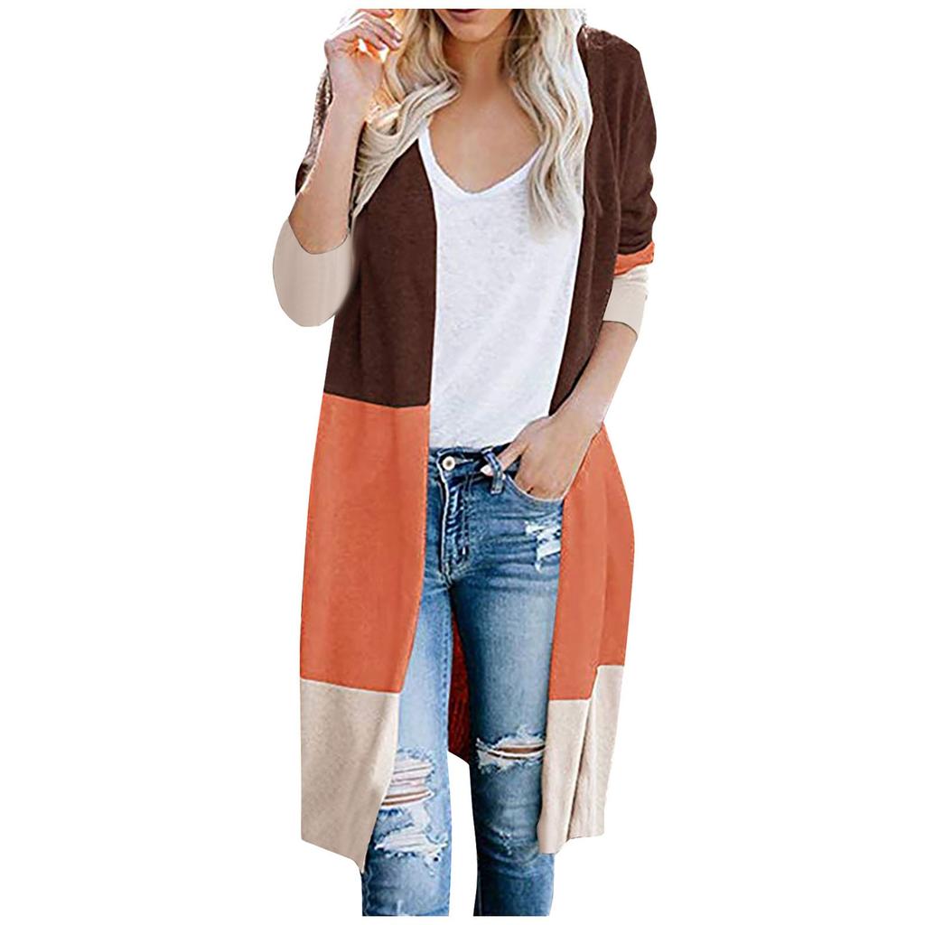 Женский цветной полосатый карман с длинным рукавом, повседневная вязаная верхняя одежда, кардиган, свитер