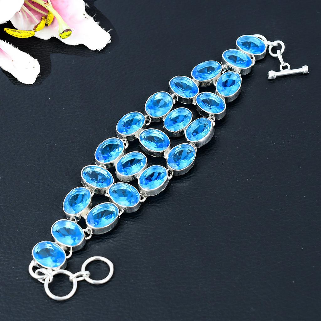 Swiss Blue Topaz Gemstone Handmade 925 Sterling Silver Bracelet 7-8" KG-374