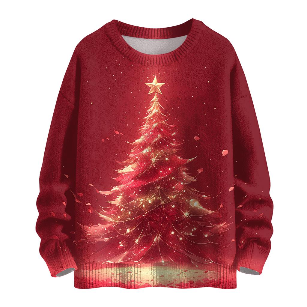 Ladies' Fashionable Casual Long Sleeved Christmas Printed Round Neck Knitted Yarn