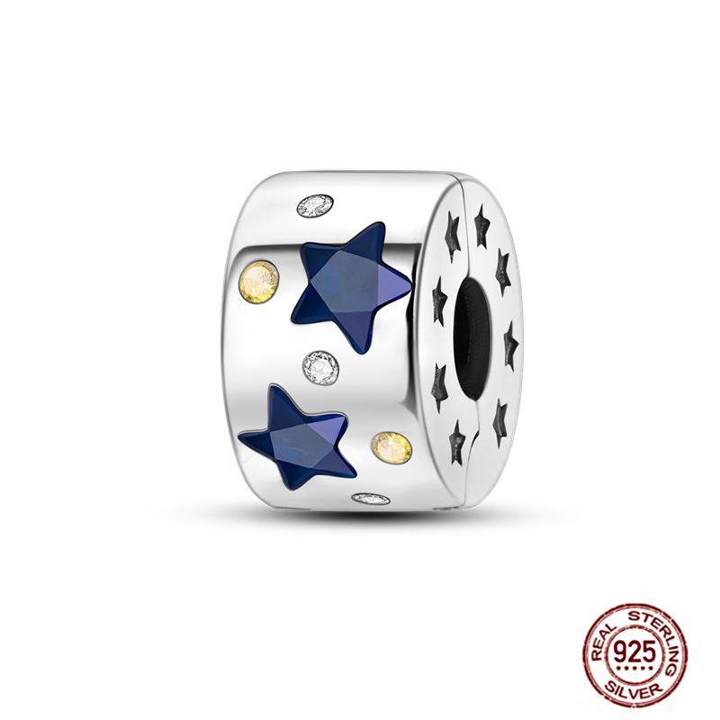 Round 925 Copper Clasp Pave Clip Charms Blue Star Moon Butterfly Slide Safety Chains Spacer Beads Fits Original Bracelet Zircon