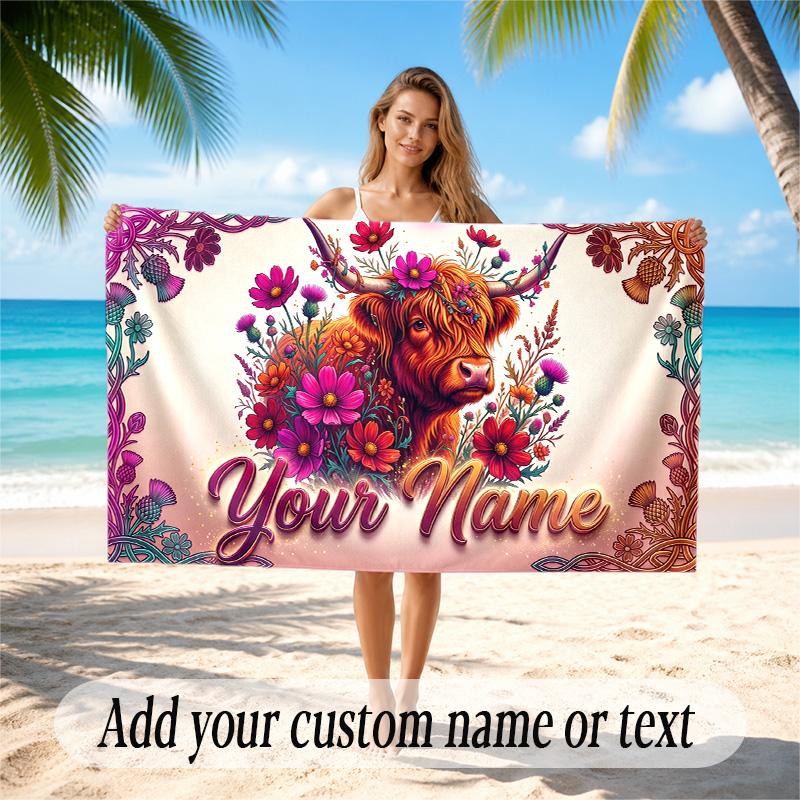 Highland Cow Theme Quick Dry Beach Towel Custom Name Text Print Large Sand Resistant Towel Beach Vacation