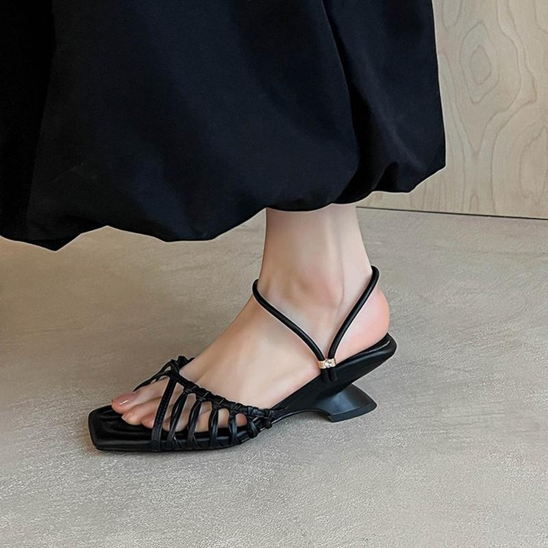 Fashion NEW Summer Women Sandals Split Leather Shoes for Women Open Toe Ankle Strap Shoes Square Toe Strange Heel Narrow Band Sandals