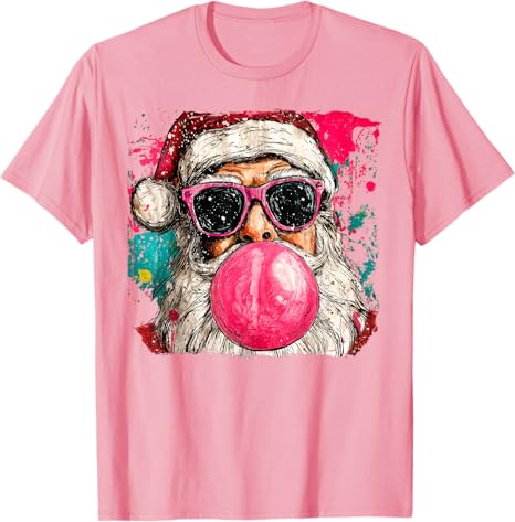 Vintage Preppy Watercolor Santa Bubble Gum Pink Sunglasses Christmas TShirt Xmas Retro Holiday Clothes Artwork Y2k Art Tee Tops