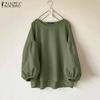 Women Casual O-neck Solid Color Loose Long Sleeve Blouse