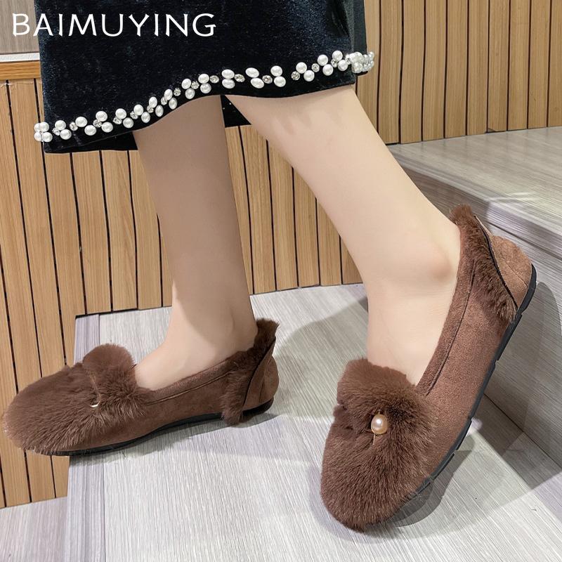 Мех Женские Хлопковые Лоферы Обувь Бисер Замша Короткий Плюш Балетки Повседневная Обувь 2025 Тренд Дизайнерская Для Ходьбы Теплые Зимние Ботильоны Женские