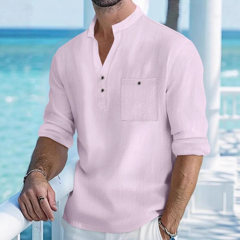 Men Mandarin Collar Half Placket Chest Pocket Linen Blend Long Sleeve Shirt