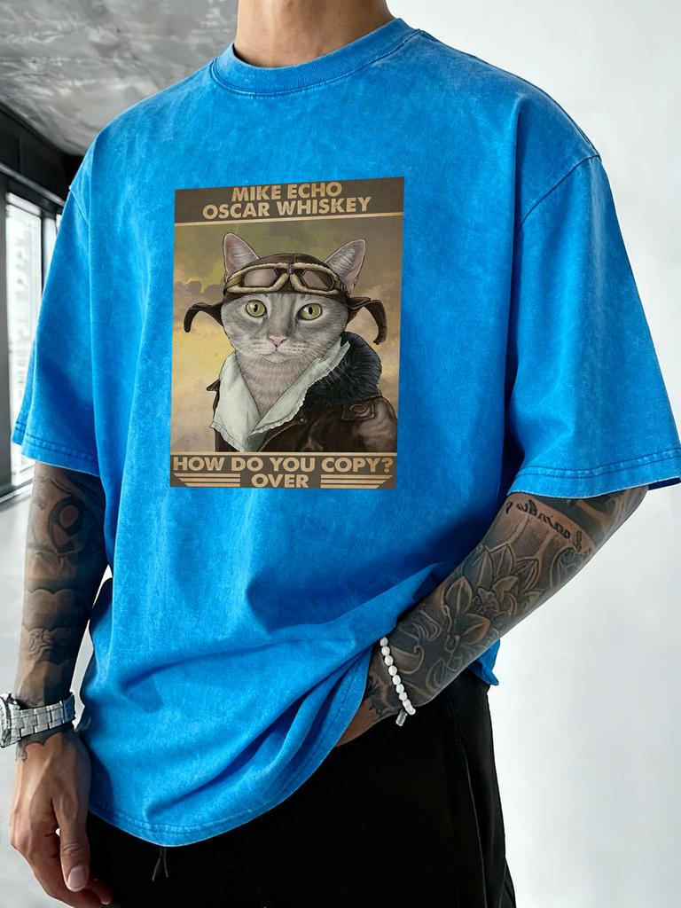 Retro Styled Cat Calling Out Print Washed TShirt Men Summer Vacation Clothing Casual Crewneck Tee Shirt Loose Cotton Streetwear