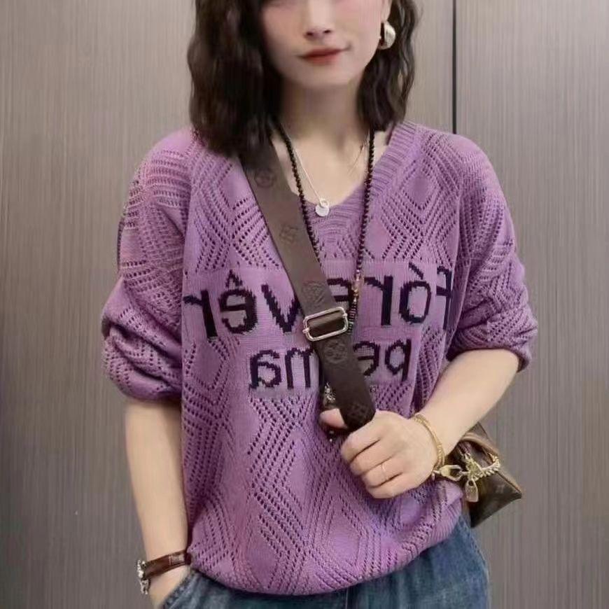 New Autumn Letter V-neck Long Sleeve Hollow Out Knit Sweater Loose Thin Top for Women