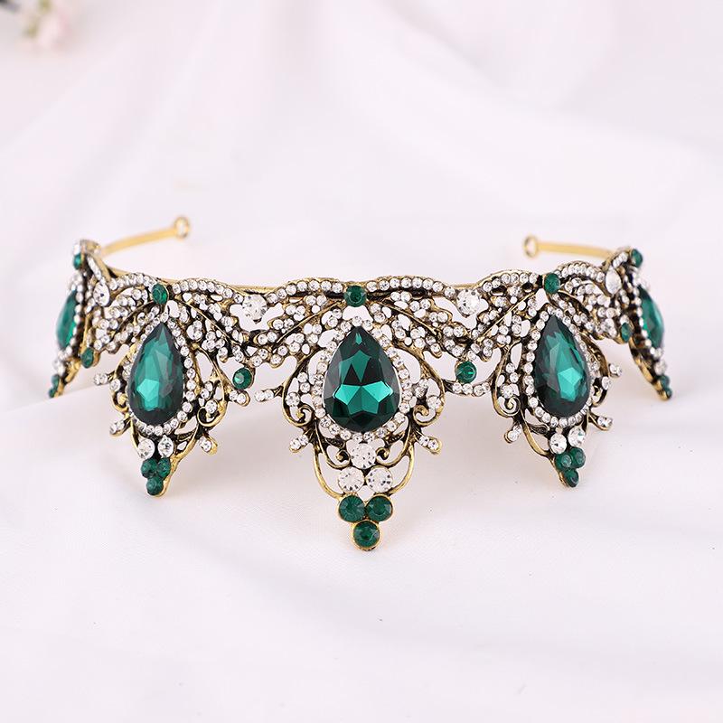 Baroque Vintage Green Crystal Bridal Tiaras Crown Women Rhinestone Retro Pageant Diadem Bride Headbands Wedding Hair Accessories