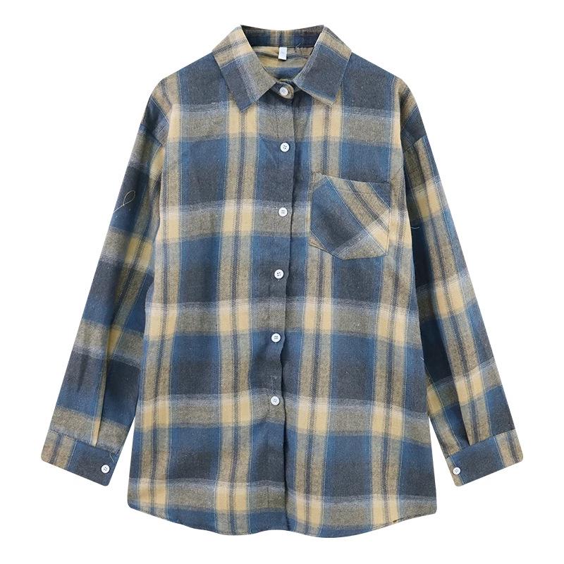 Женская клетчатая рубашка в стиле ретро с начесом - Свободный крой, длинный рукав, верхняя одежда для осени 2024