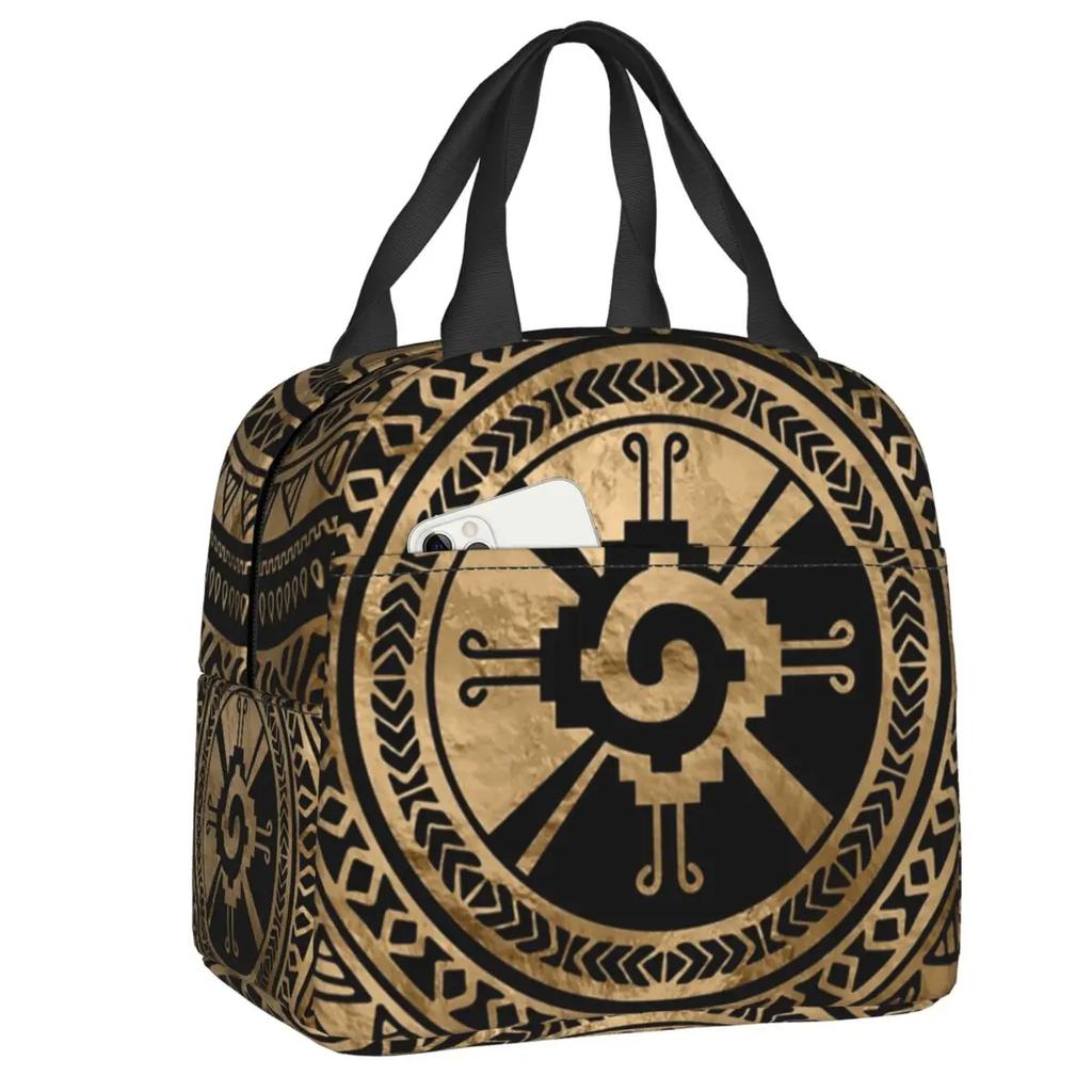 Mayan Aztec Hunab Ku Gold On Black Insulated Lunch Bag for Women Portable Cooler Thermal Lunch Box Beach Camping Travel