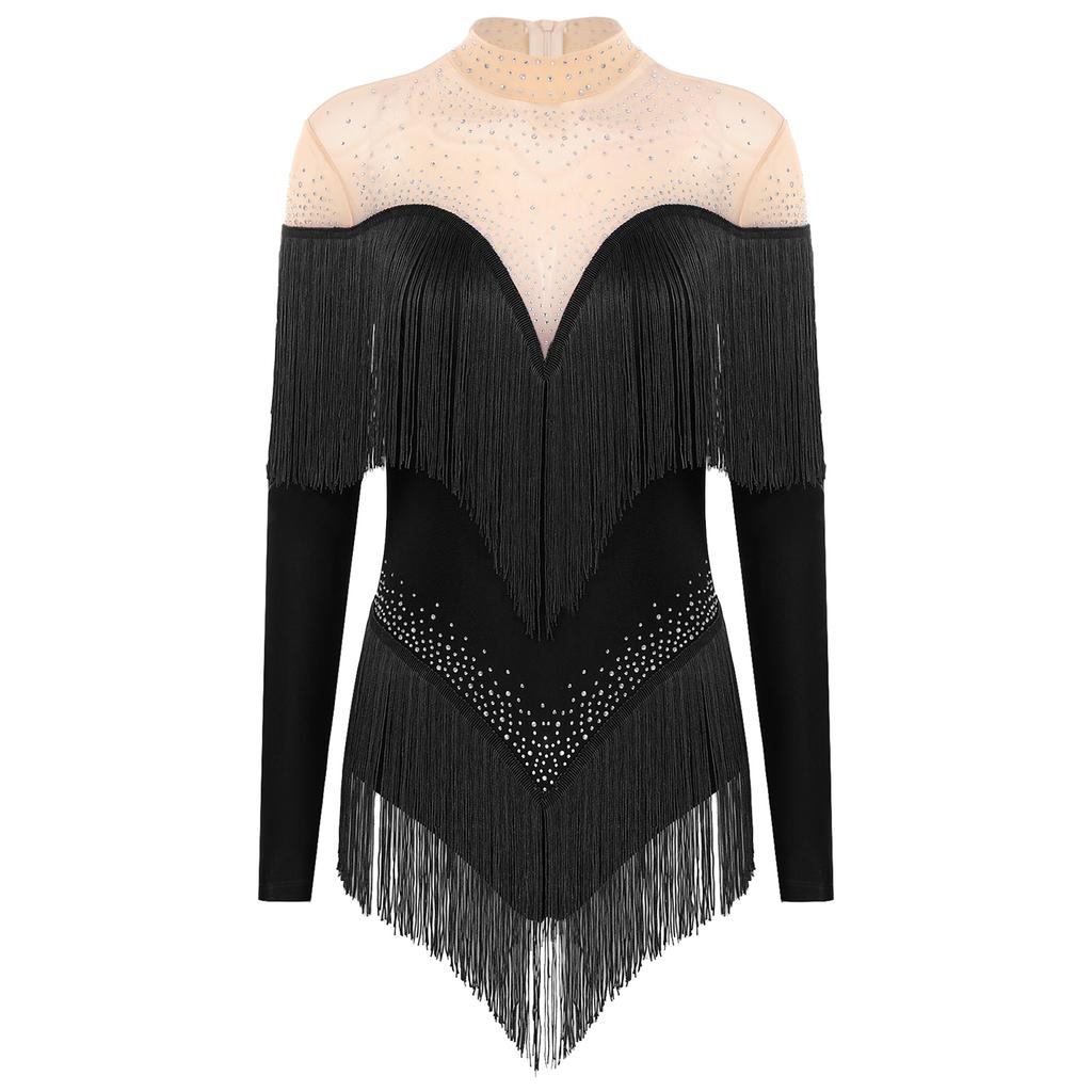 Женский латинский купальник с бахромой, воротником-стойкой, сетчатыми длинными рукавами, блестящими стразами, боди с бахромой