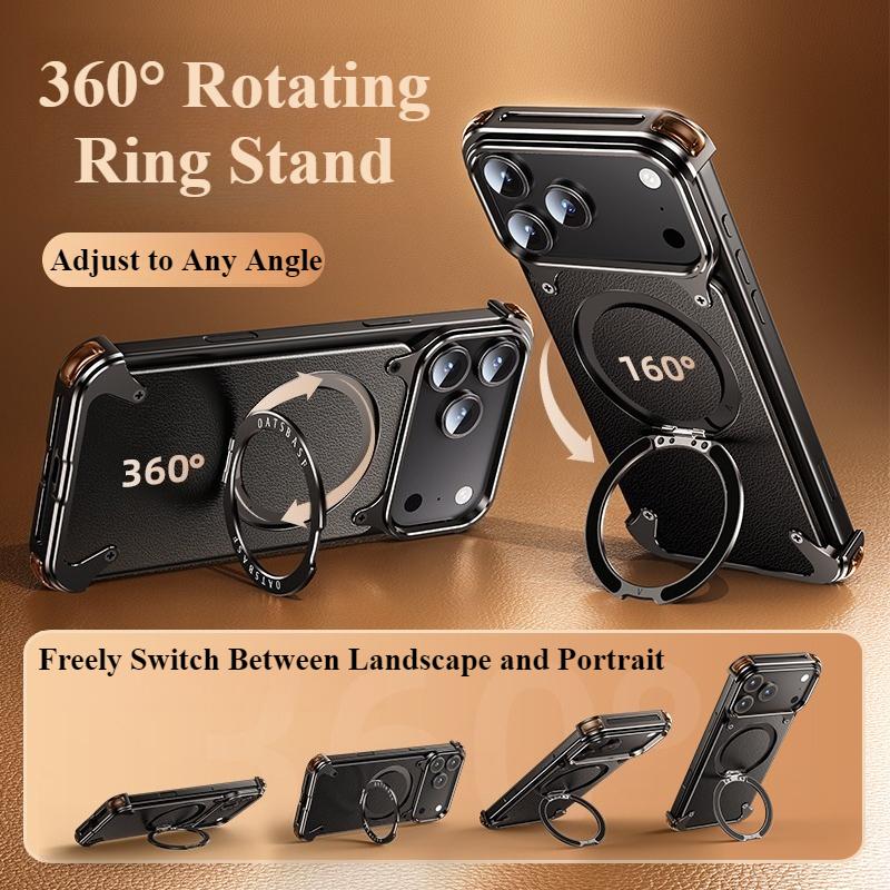 Oatsbasf Magnetic Leather Phone Case for iPhone 17 Pro/Pro Max/17 Air with Ring Stand 360° Rotatable Shockproof Bumper Cover