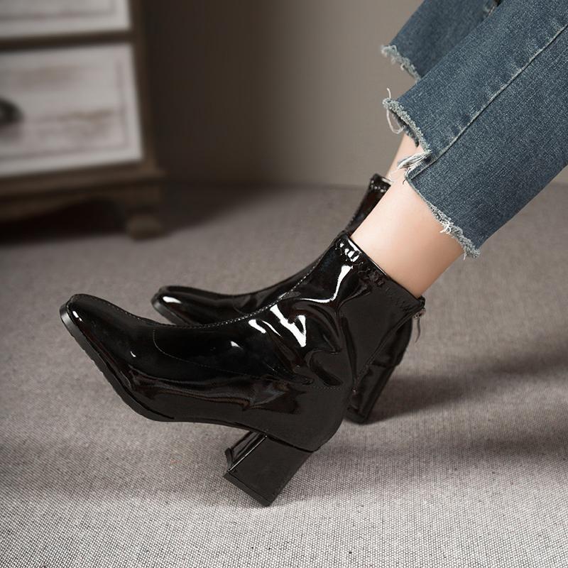 Fashion Brand Women Shoes 2024 New Black Patent Leather Fashion Square Toe Women's Boots  Thick Heel Ladies High Heel Ankle Boots