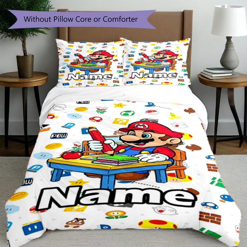 3pcs Duvet Cover Set (1*Duvet Cover + 2*Pillowcase, Without Core), Custom Name Super Mario Pattern Bedding Set, Home Bedroom Decor Gift