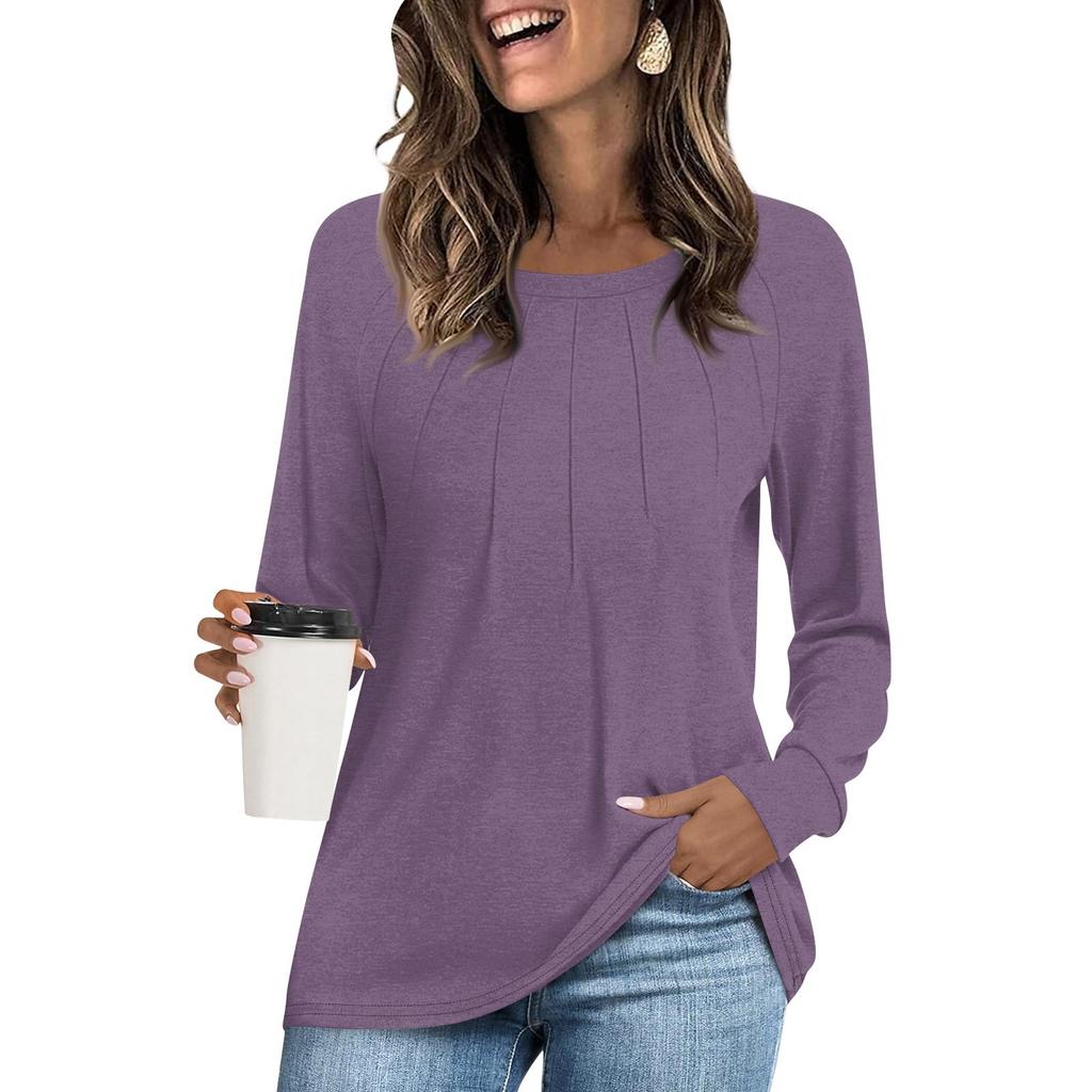 Женская модная повседневная плиссированная футболка с круглым вырезом и длинным рукавом, однотонная футболка, удобный топ