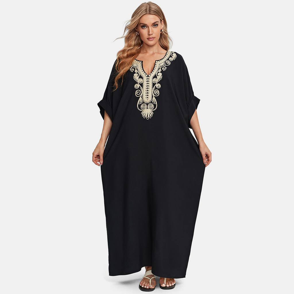 EDOLYNSA Sexy Kaftan Dress Women Plus Size Beach Wear 2023 Bohemian Tie Dye Striped Bikini Cover-ups Long Tunic Swim Suit Cover Up Q1517