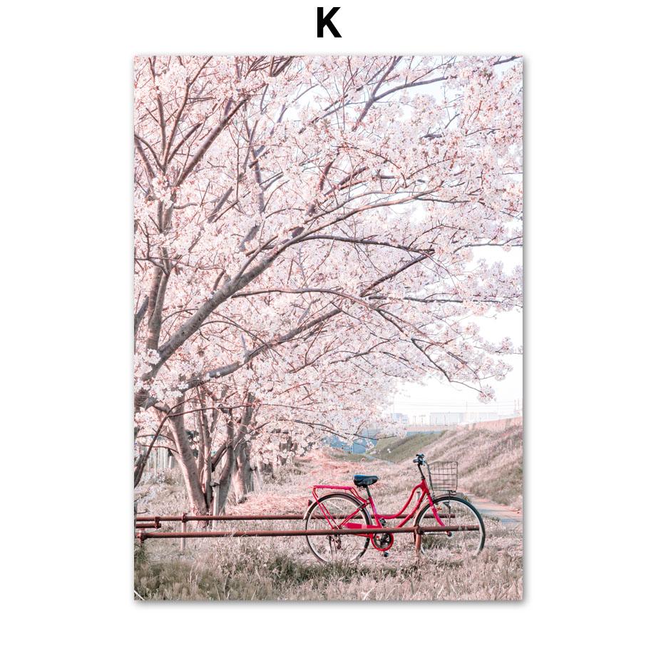 Розовые вишни в цвету Поезд Башня Париж Велосипед Скандинавские постеры и принты Картина на холсте Настенные художественные картины Гостиная Домашний декор