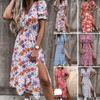 Womens Boho V-Neck Floral Midi Dress Summer Short Sleeve Beach Party Sundress