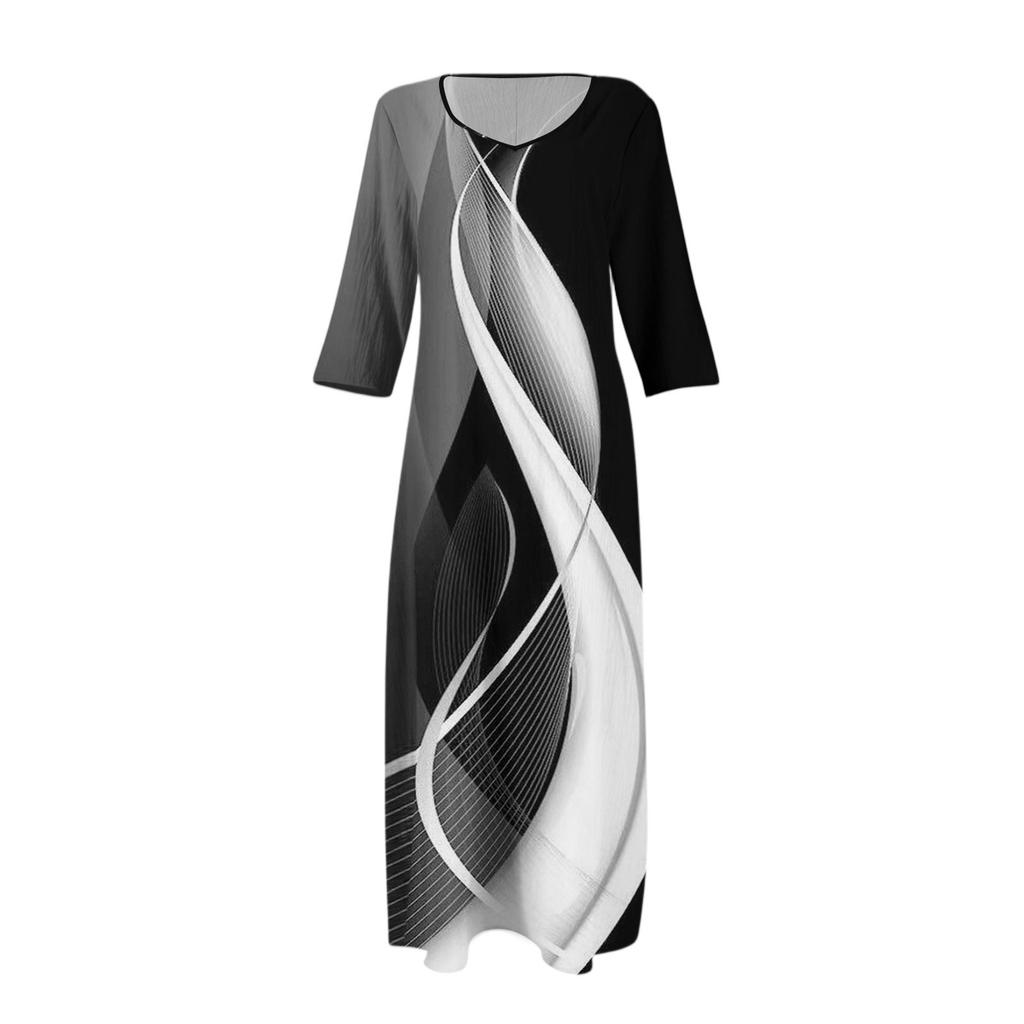 Платья для женщин Винтажный принт Туника с завышенной талией Миди-платье Летнее повседневное Платье с рукавом 3/4