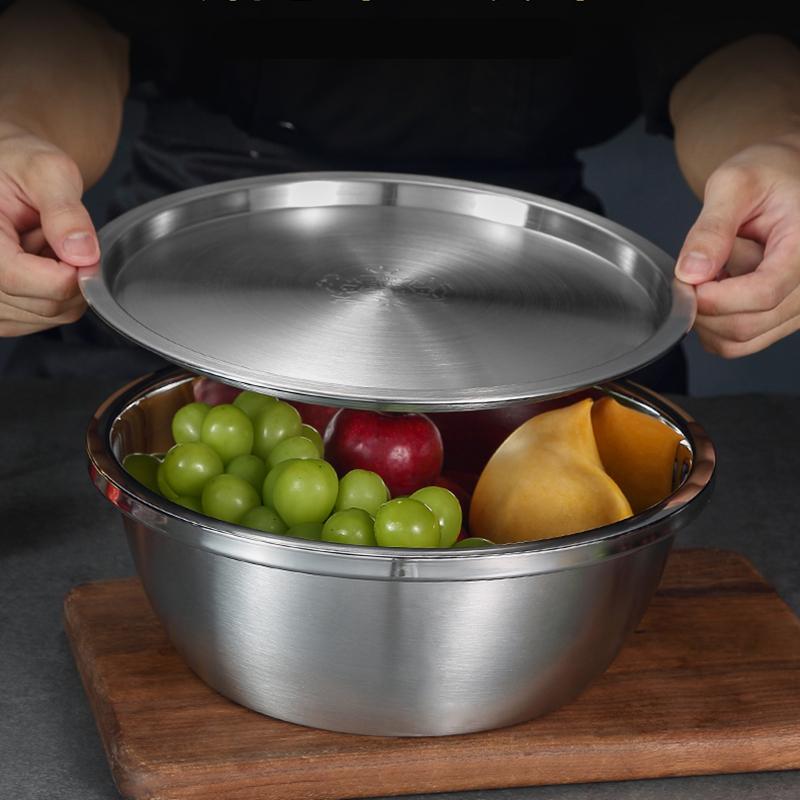 Миска для смешивания салата и яиц из нержавеющей стали Thicken 304 с крышкой, миска для муки и супа, европейская кухонная утварь, таз для овощей и фруктов