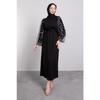 Belted Hijab Dress With Net Pattern On Sleeves Black