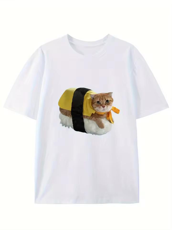 Sushi Cat Print Women T-Shirt Soft Short Sleeve Crew Neck Tee with Cute Kitten Sushi Roll Cat Lovers Apparel for Women Clothing