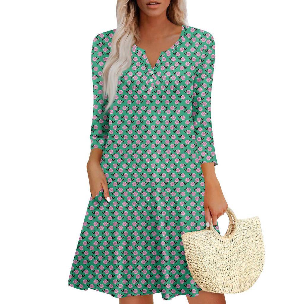Women's Summer Dress Loose V Neck Three-quarter Sleeve Sundress With Pockets Dress