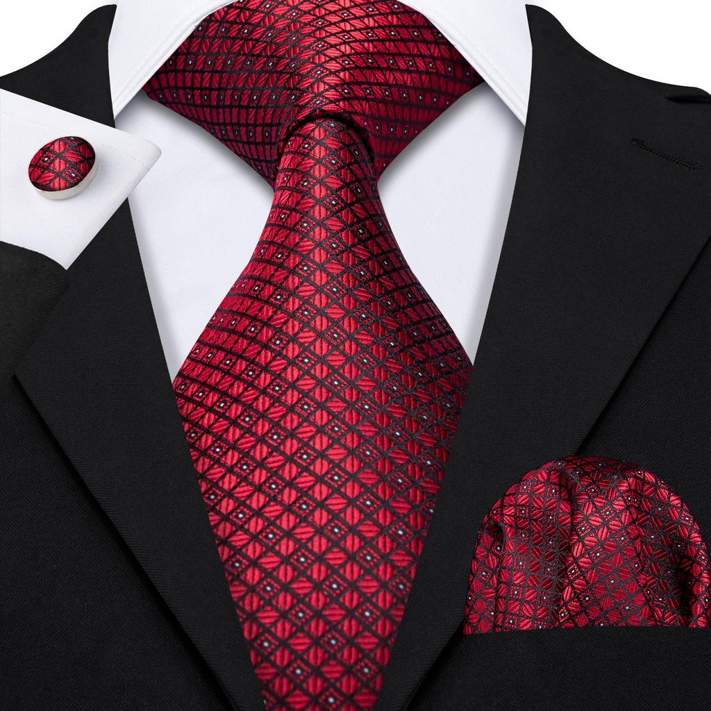 Hi-Tie Fashion Mens Wine-Red Paisley Necktie Hanky Cufflinks for Business Wedding