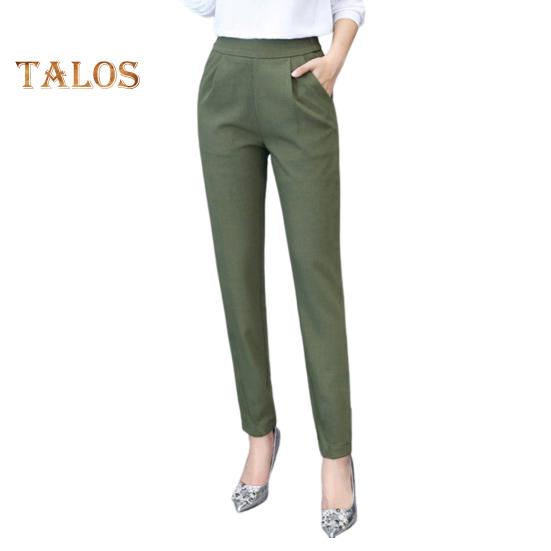 Women Pants Elastic High Waist Solid Color Slim Fit Trousers with Pockets Casual Commuting Style Office Lady Pants