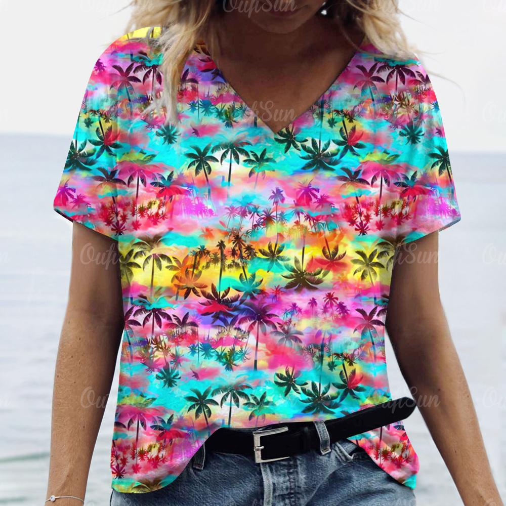 2025 Летние футболки с V-образным вырезом и ярким принтом для женщин, 3D цветочная эстетика, повседневные топы оверсайз, модный Харадзюку