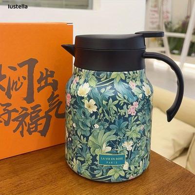 Изолированный графин для чая из нержавеющей стали с двойными стенками, элегантный цветочный дизайн объемом 1 л, с заварником для чая, для заваривания листового чая, для использования дома и в офисе