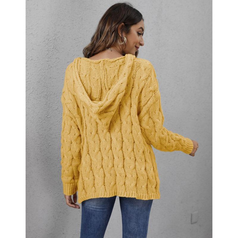 Autumn and Winter Women's Thickened Twist Knit V-Neck Hooded Loose Pullover Sweater