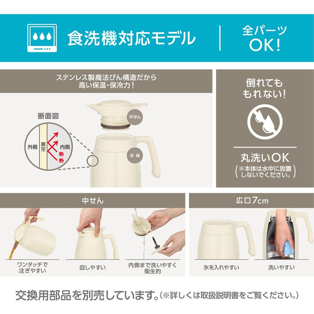 Thermos Stainless Steel Insulated Tabletop Keeps Food Hot or IV Pot, 1.5L, Ivory, Pot, Cold, TTG-1500