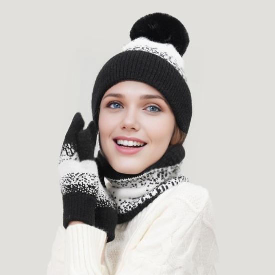 3Pcs/Set Winter Hat Scarf Gloves Set Plush Ball Decor Hat Thickened Plush Lining Neck Gaiter Touch Screen Gloves Set