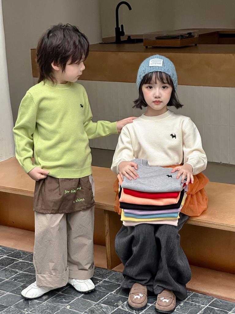 Детский вязаный свитер с круглым вырезом - Осень/Зима, Вышитый, Свободного кроя, Унисекс