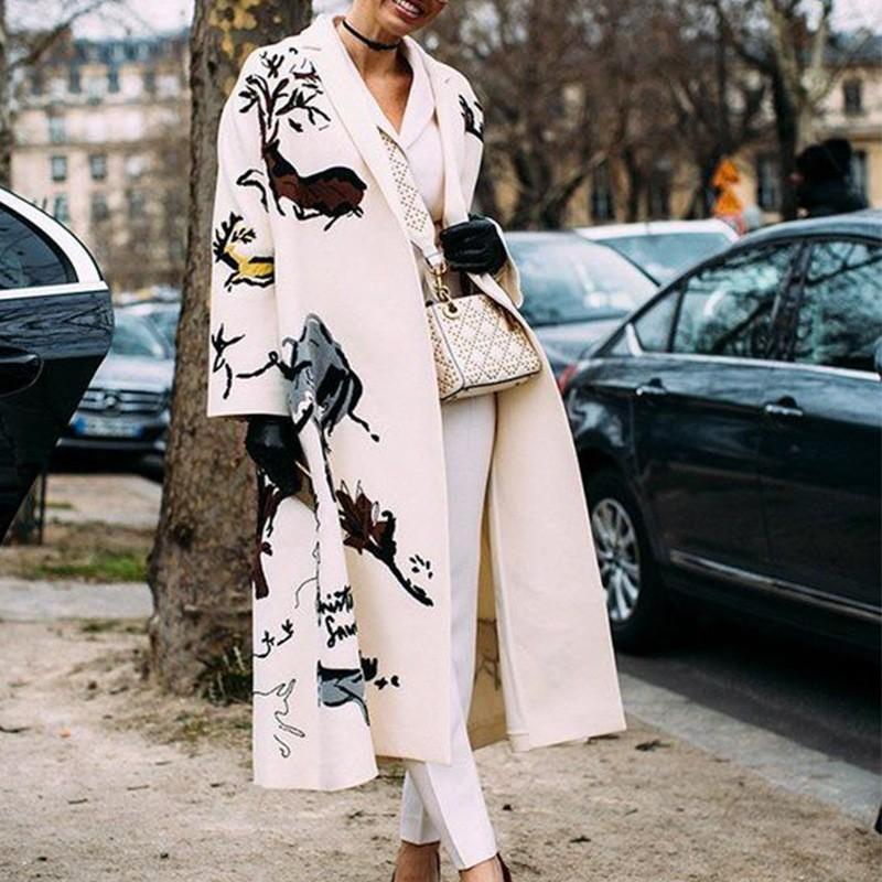 Europe And The United States Fall Women's Long-sleeved Lapel Coat Printed Tweed Long Coat