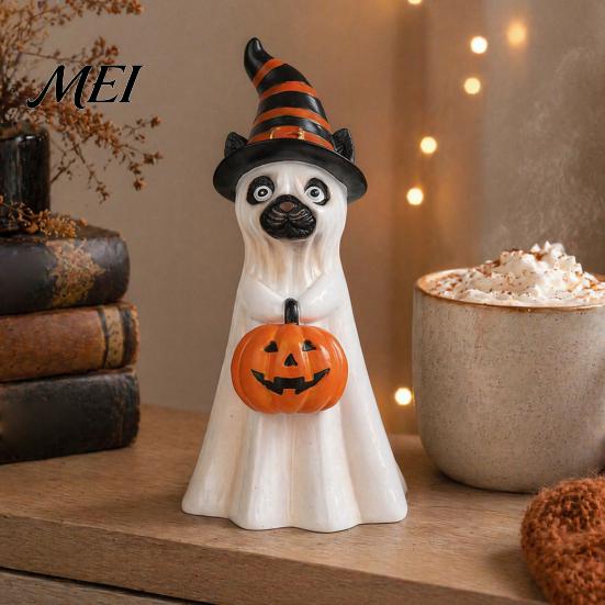 Spooky Puppy Desk Decor Halloween Ghost Dog Figurine, Wizard Hat Pumpkin Resin Statue, Cute Tabletop Display Accents for Entryway Bar Window